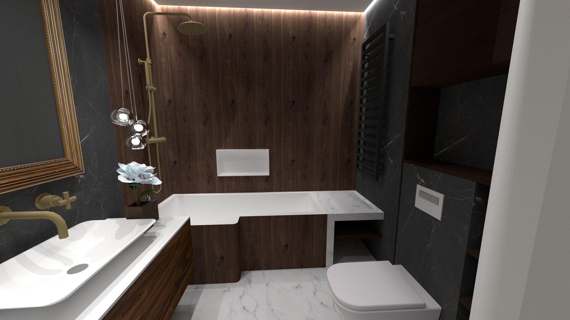 Salle de bain rénovée, marbre et bois